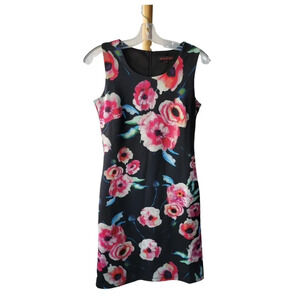 Superstition Black Dress Pink Red White Flowers Sleeveless Zipper Back  UK 10